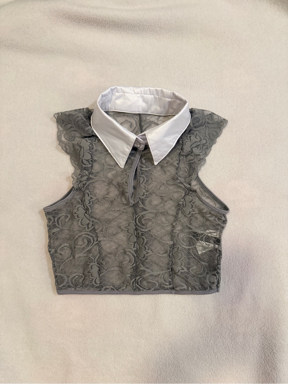 Yandy Gray Lace Crop Top with White Pointed Collar